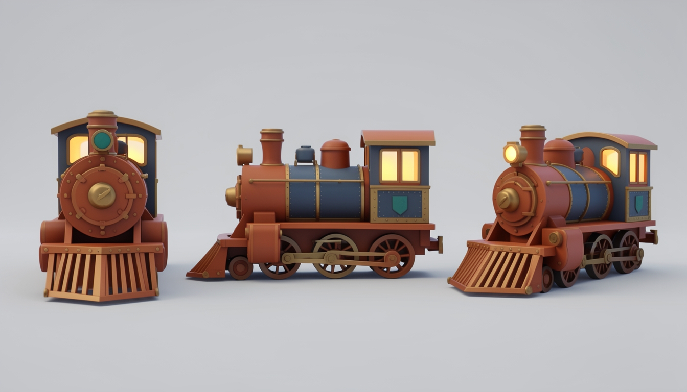 Locomotive turnaround: front, side and three-quarter, with a rust boiler and a slate cab.