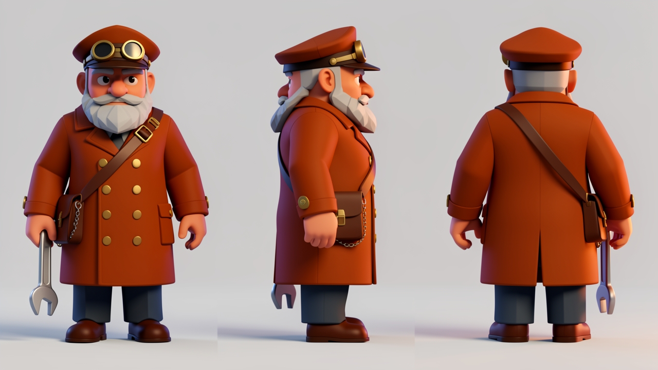 Conductor turnaround: front, side and back, in a rust coat with brass buttons.