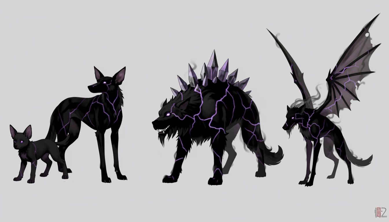 Before: the hounds in violet, with purple cracks.