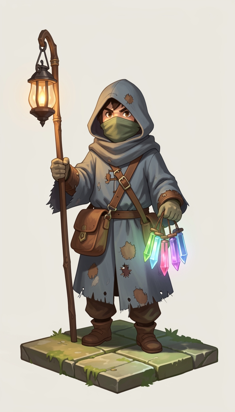 The chime keeper concept: a hooded wanderer with a lantern and a bundle of chimes.