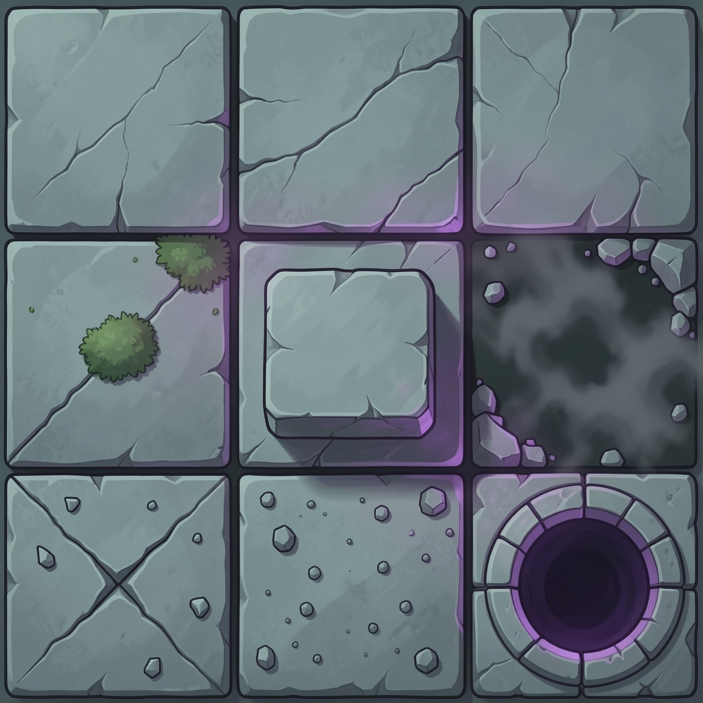 Tile sheet: stone floor variants, moss, walls, crumbling and unstable tiles, and the exit pit.