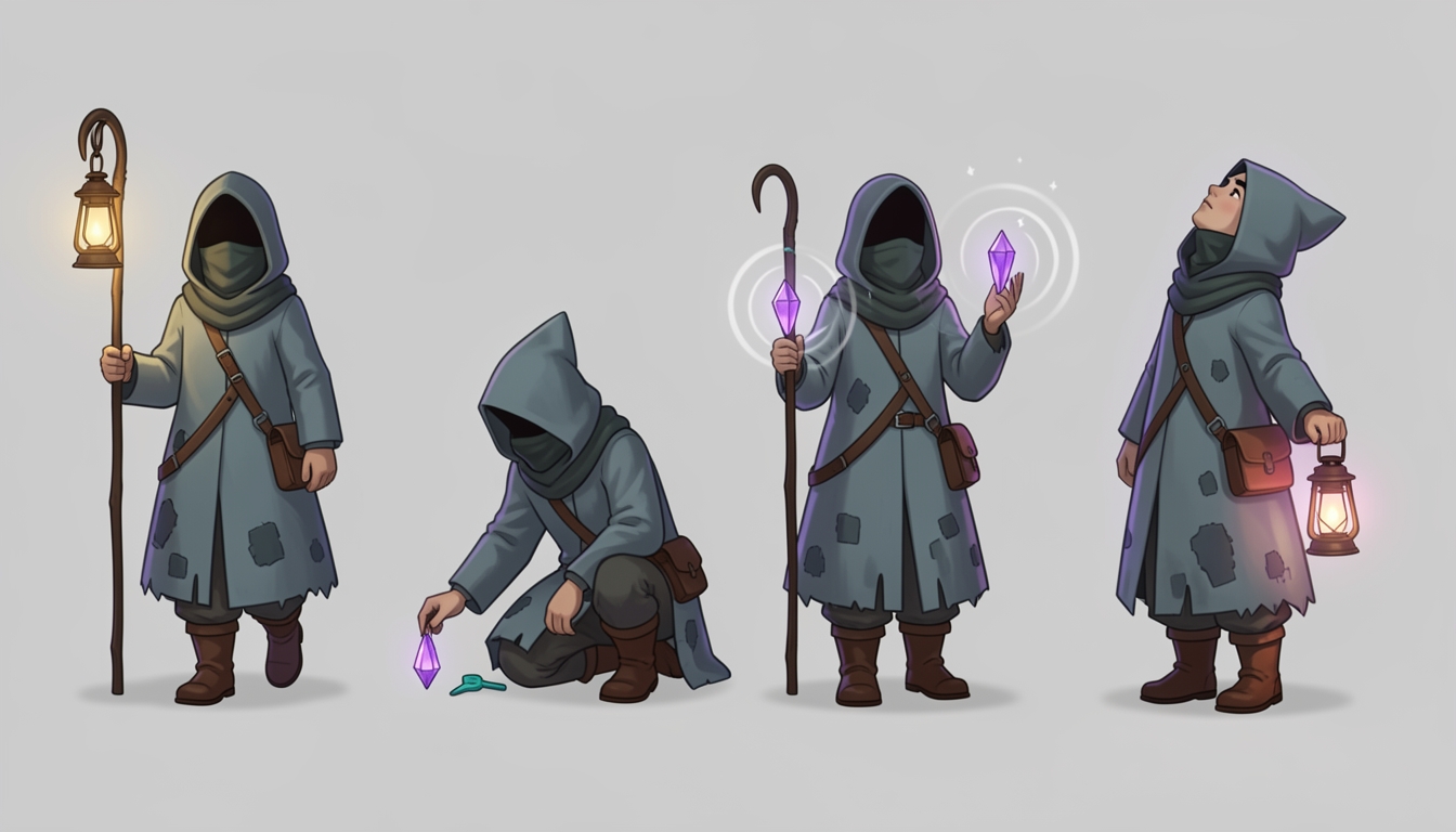Keeper poses: walking with the lantern up, kneeling to place a chime, holding one up as it rings, and looking up.