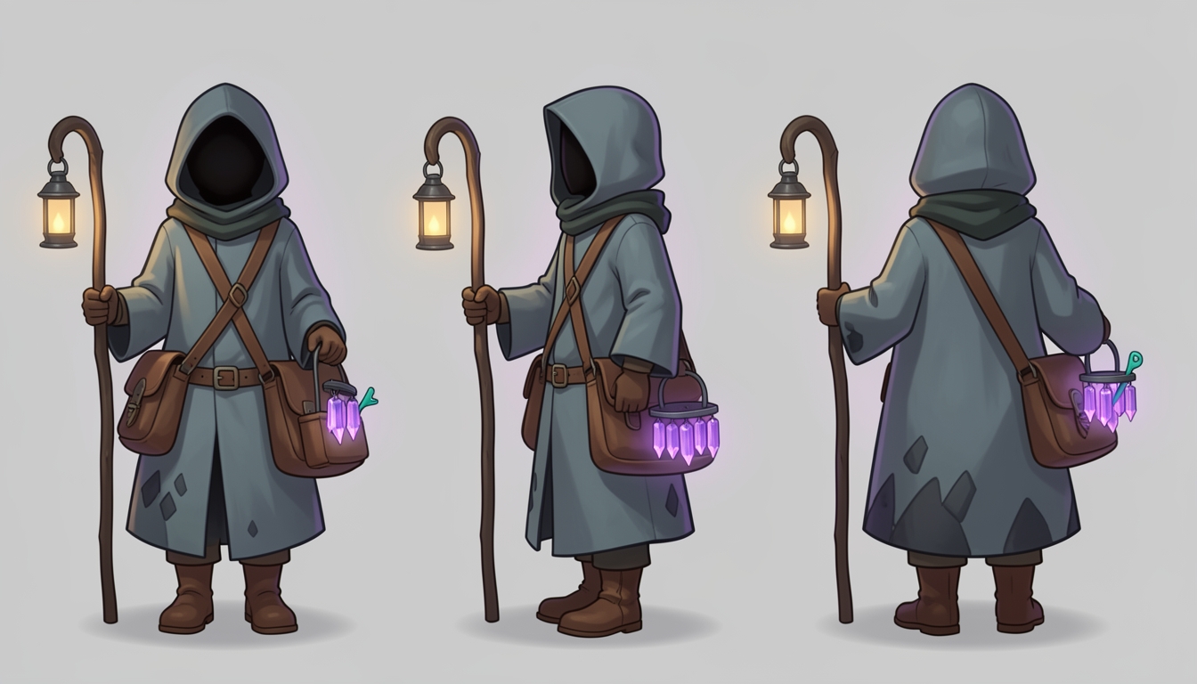 Keeper turnaround: front, side and back, with a crook, a lantern and a satchel of chimes.