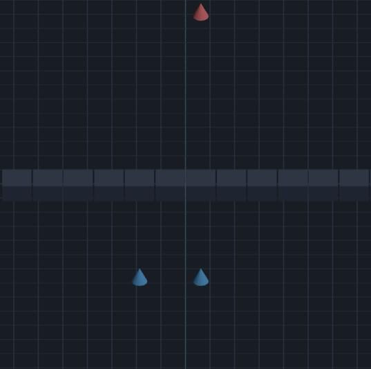 One unit (the cone), a wall to path around, and the enemy marker at the top: click-to-move on an A* grid.
