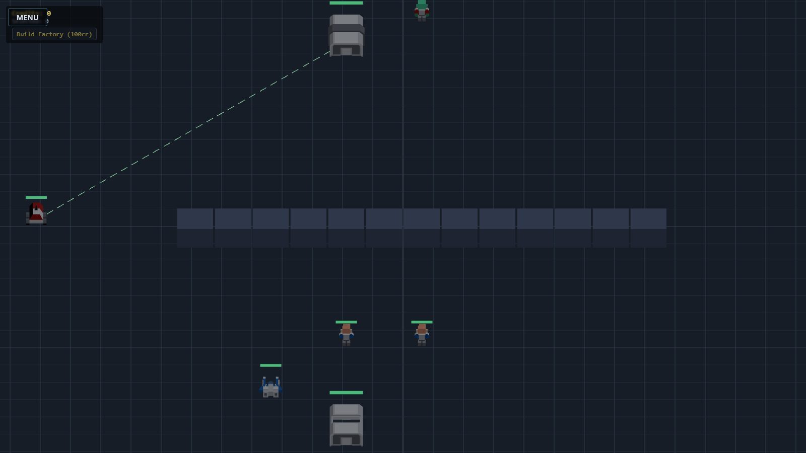 Time machine, phase 8 (98bcfcb): the finished proof of concept 30 s into the default match: stock models, a wall, two HQs and their units.