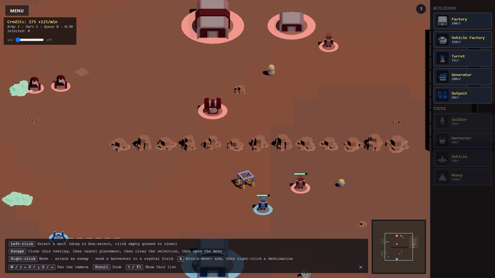Time machine, phase 23 (47ba84d): after the playtest fixes: team decals, crystals that read as resources, control hints and a minimap.