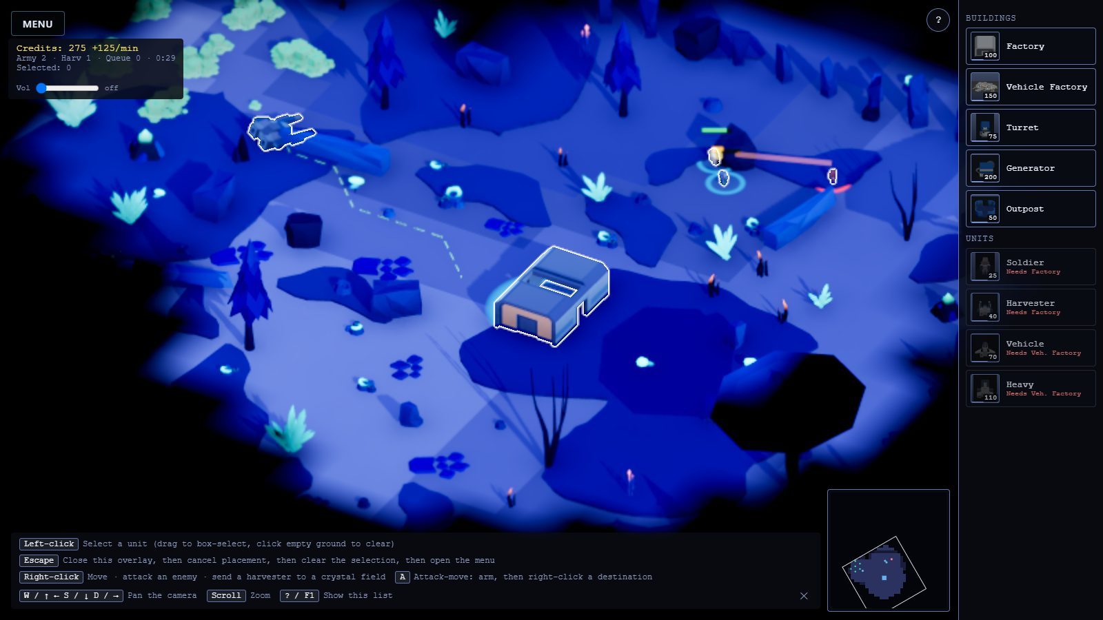 Time machine, phase 41 (b462800): fog of war, the tilted camera opening on your own base, a subtle outline on what you command.