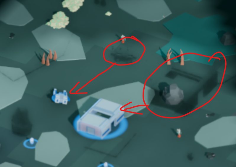 Another annotated report from the same round: more stray dark shapes next to units and buildings.