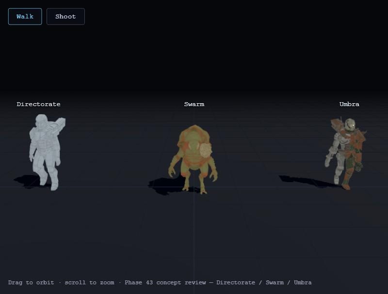 Concept review: Directorate, Swarm and Umbra troopers side by side in the model viewer.