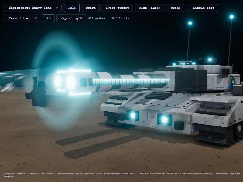 The turn away from generated models: the Directorate heavy tank built entirely in code, firing in the procedural viewer.