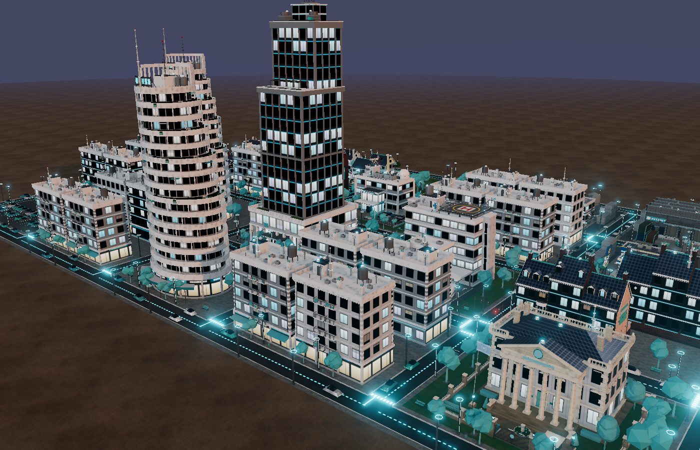The rebuilt city generator in its sci-fi theme: an organic street plan, towers, parks and car parks.