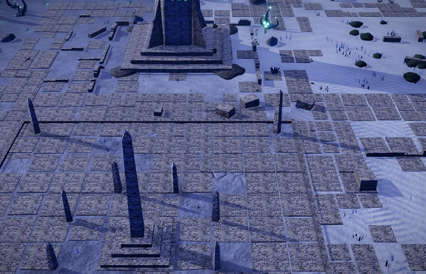 Glacier: the court of a formal city, with its obelisk and a monument beyond.