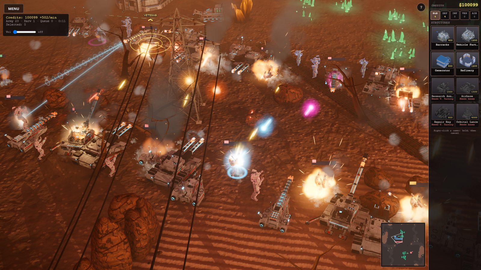 A battle on the Ember world: tanks, mechs and infantry exchanging fire, with explosions and smoke