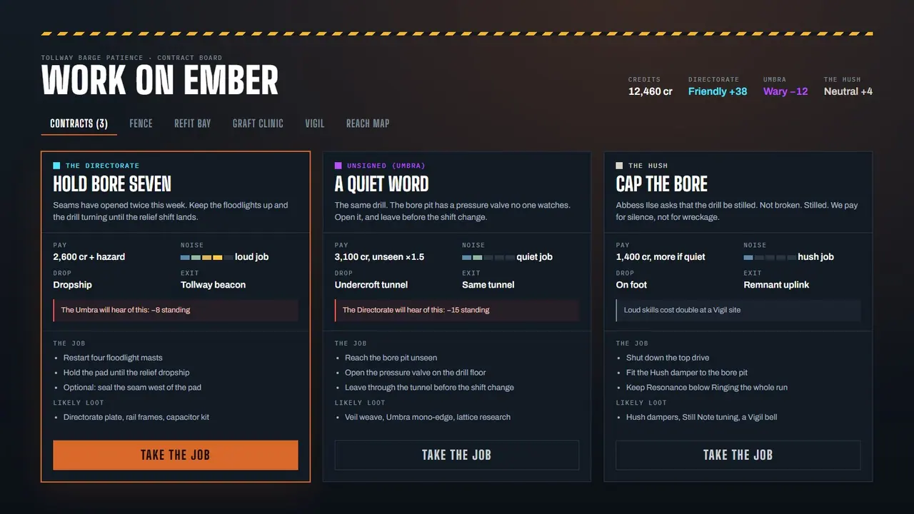 The contract-board mockup from the pitch site. The file in the repo was re-rendered after the rename, which is why it already says Hush Money.