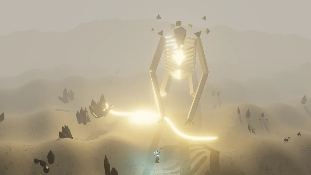Fallow, the endgame world, with a dormant faceted titan.