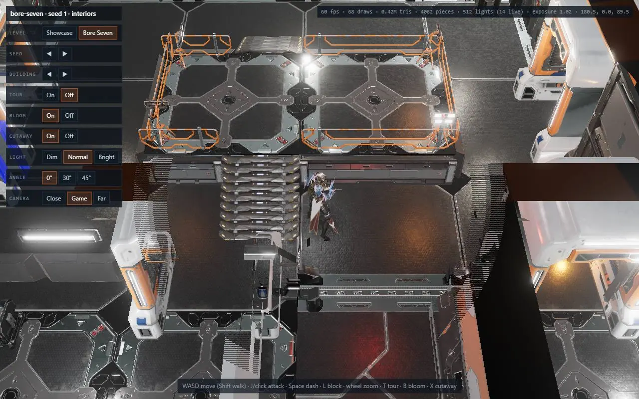 A generated Bore Seven interior at the game camera, before the redesign. Shot later for the before-and-after comparison.
