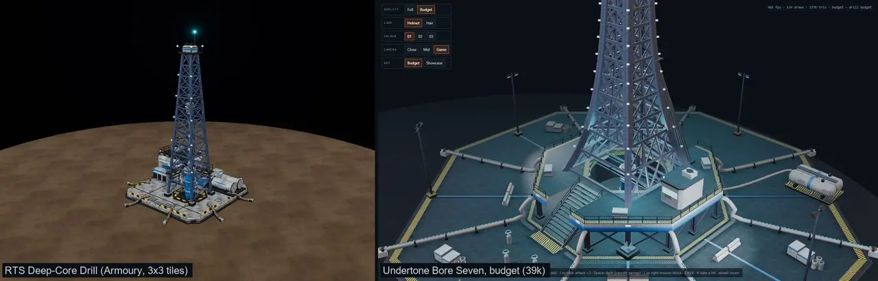 Harrowfall's Deep-Core Drill (left) beside the Bore Seven drill rebuilt for this game.