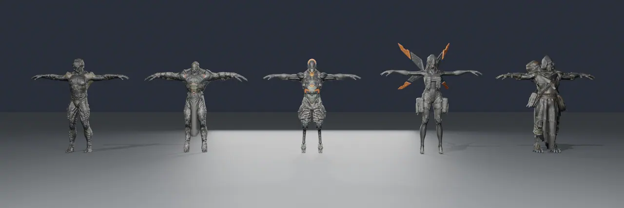 The pack's lineup in a T-pose, measured for the design doc.