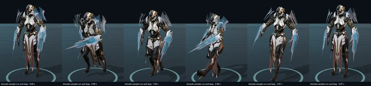 Kimodo sample motion, run and leap, retargeted onto the Valkyrie: a filmstrip.