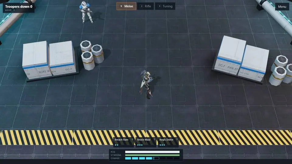 The first arena on a desktop: a freelancer among cargo crates, with the trooper wave about to start.