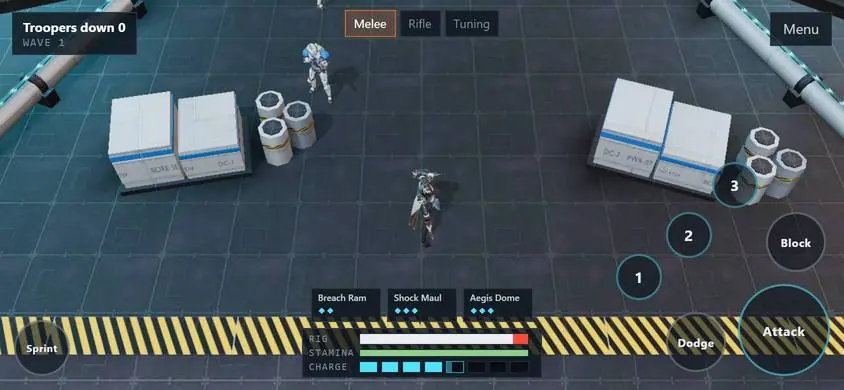 The arena on the phone stand-in, with touch controls.