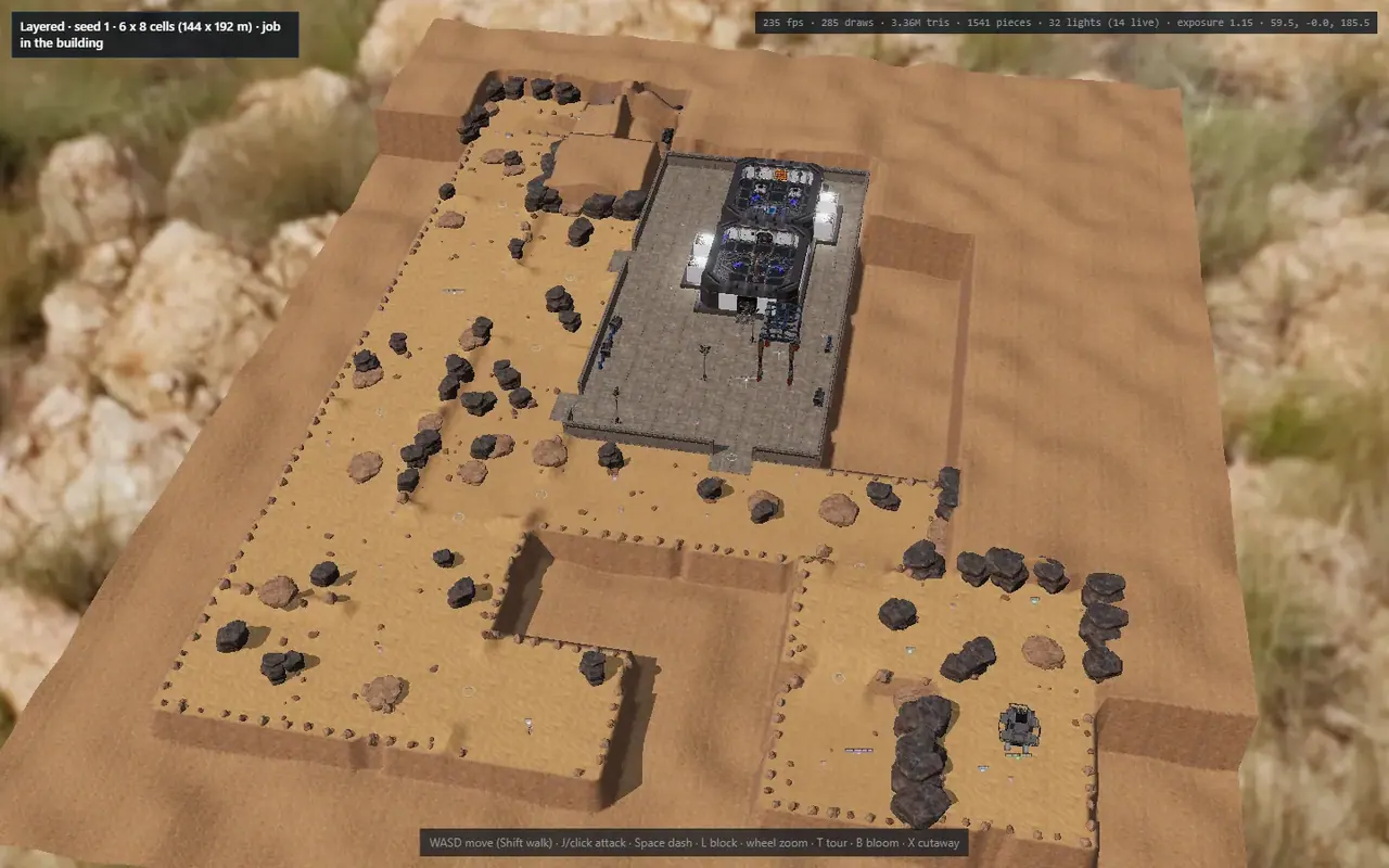 A layered map, seed 1, from above: desert ground with the building at its heart.