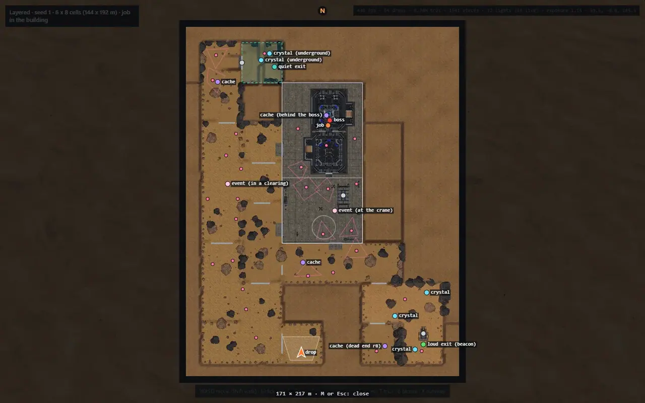 The same map as a plan with its zones and the job.