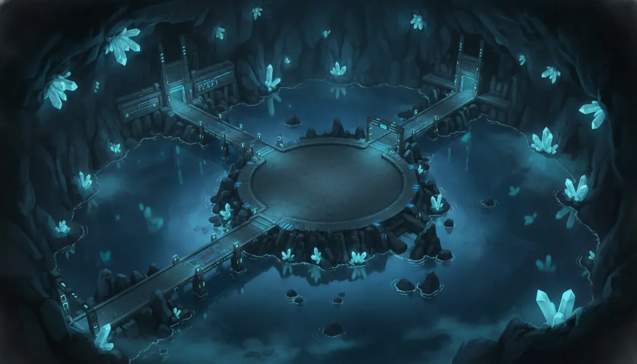 Concept: a flooded cave with a central platform.