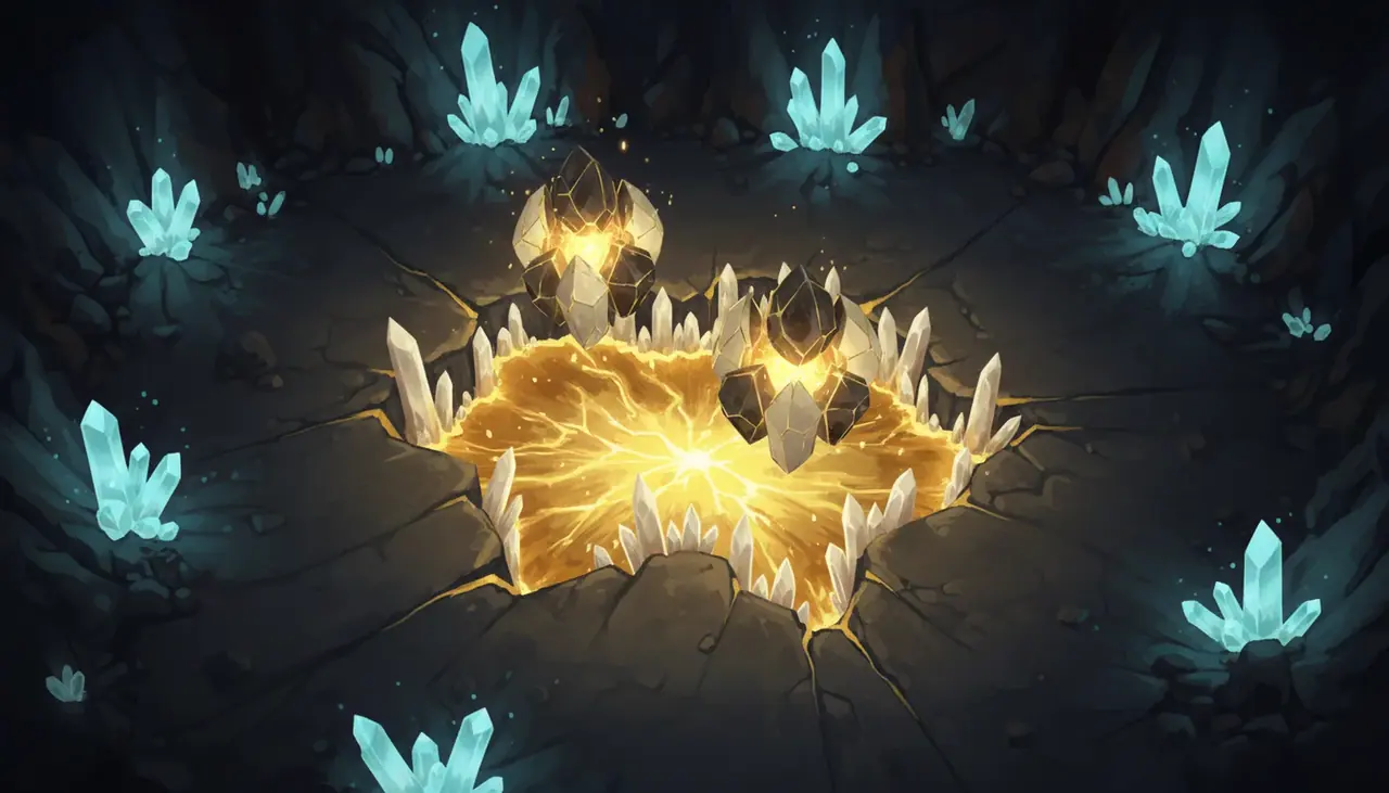 Concept: a Harrow seam tearing open a cavern, gold light in the crack.