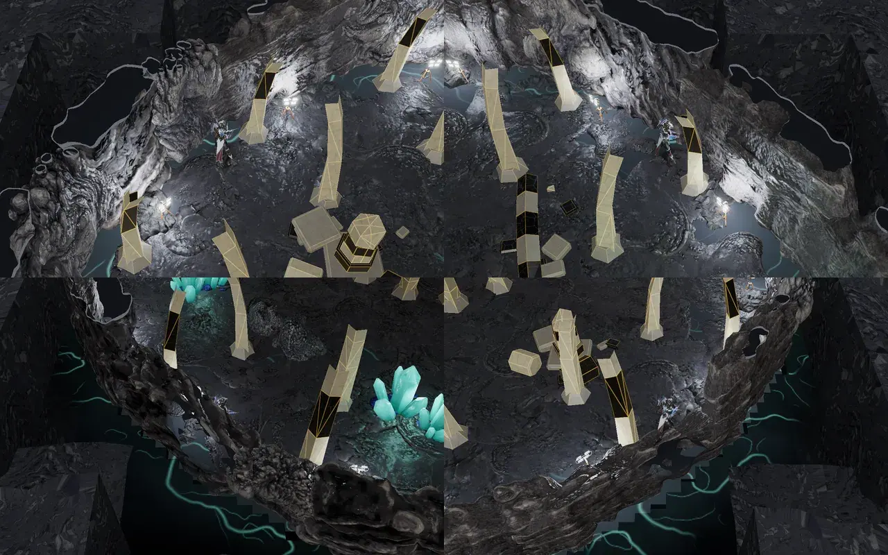 A round cave arena with the black void around it, before.