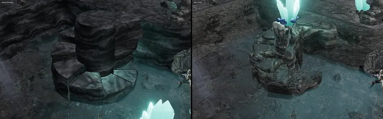 The rock spiral in a spire room, two views.