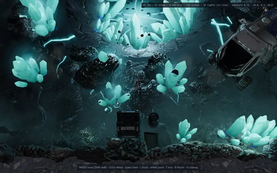 After the Blender rebuild: the bit chamber, with crystals and rock.