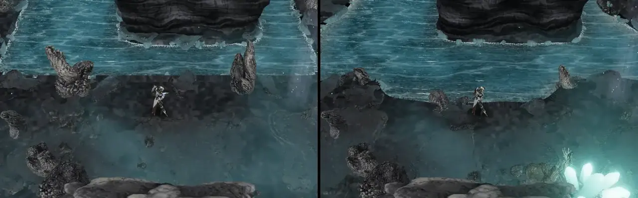 An underground lake before the water pass, two frames.