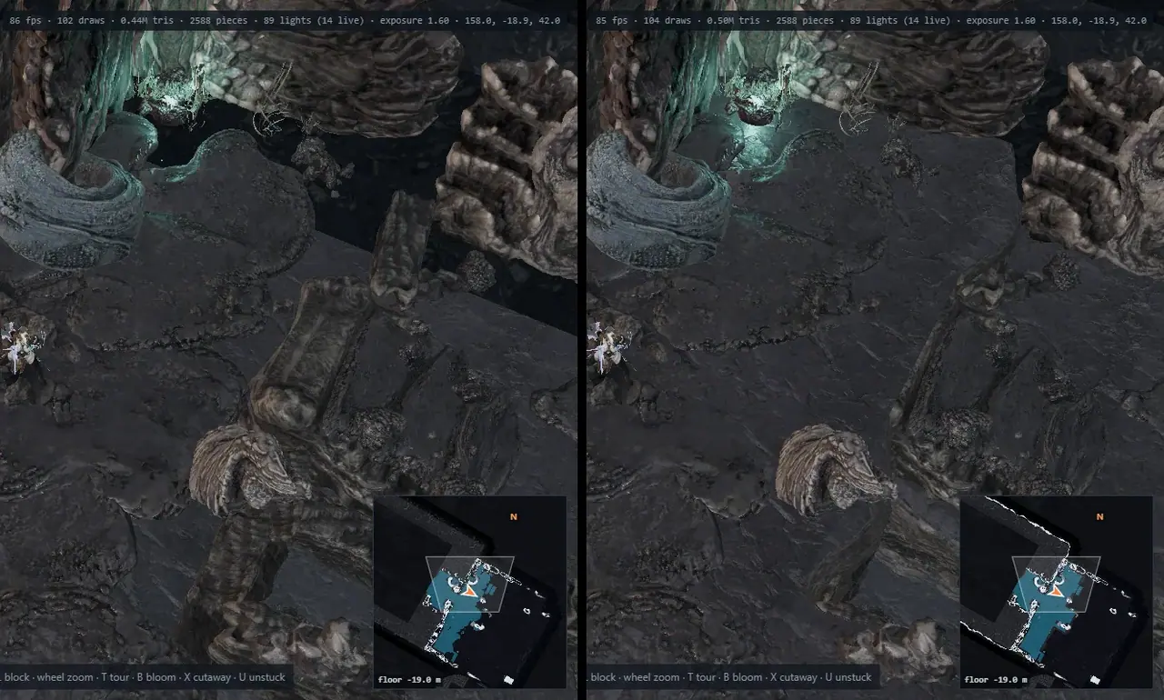 The bore's ring on floor 19, before (left) and after the caves were made solid.