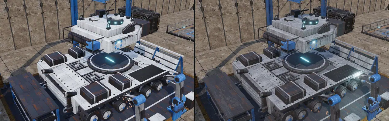 The tank in its bay, two views of the steel-layer trial.