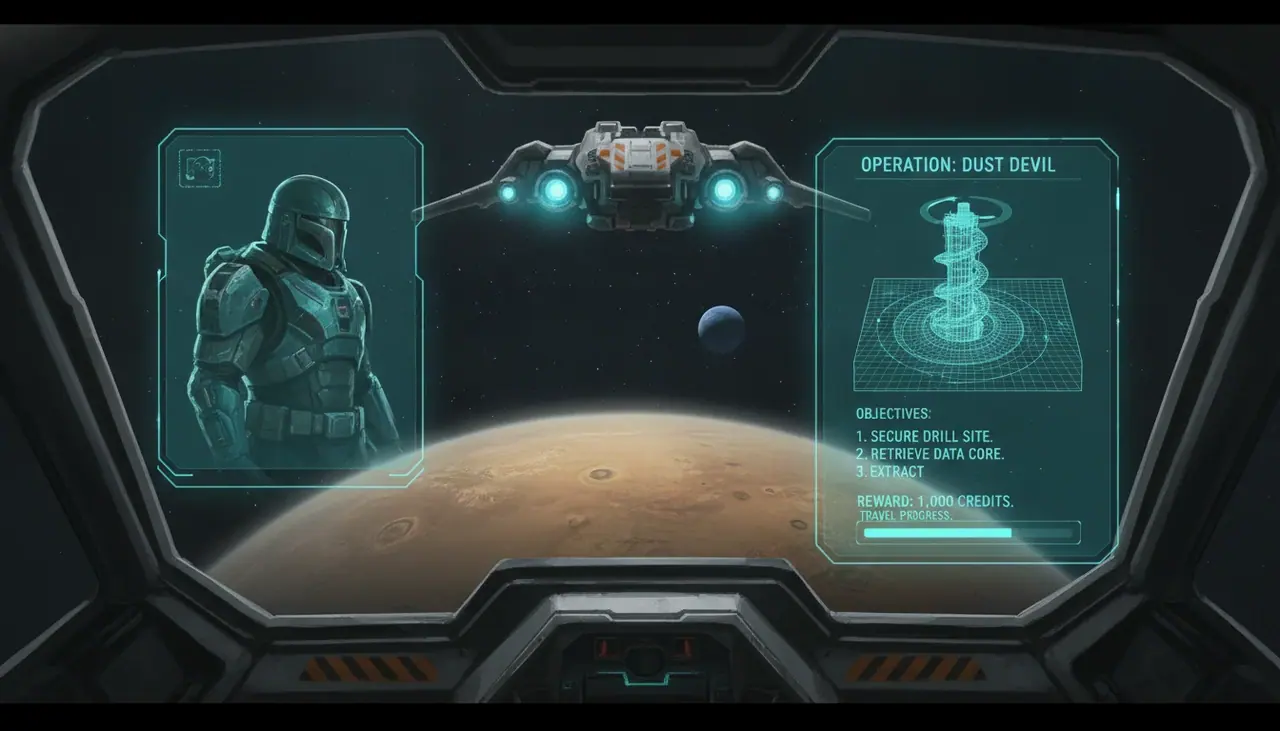 Concept for the travel and briefing screen: a cockpit window with the mission card.