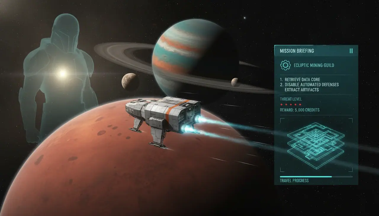 Concept: the ship above a planet, with the briefing on the side.