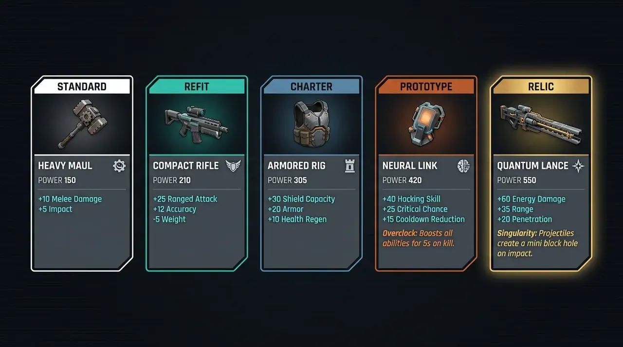 Concept: loot cards by rarity, from Standard to Relic.