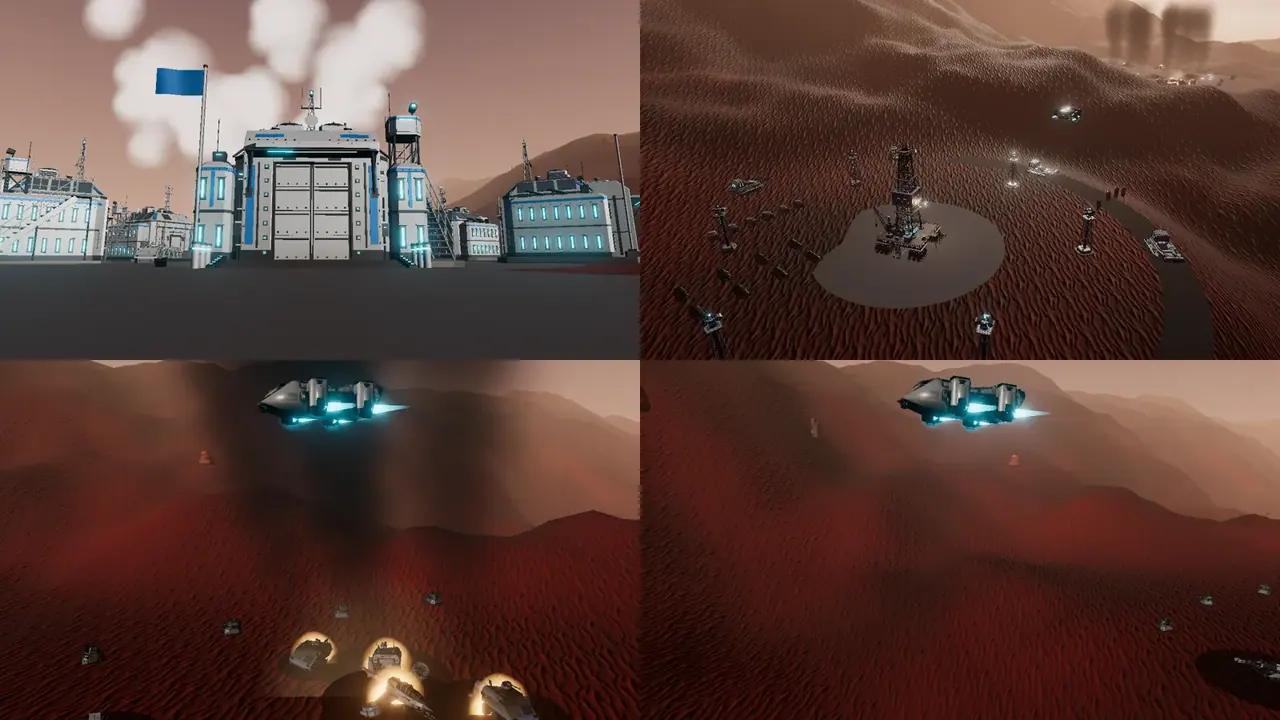 Frames from the flyover: the base, the pad, the work site.