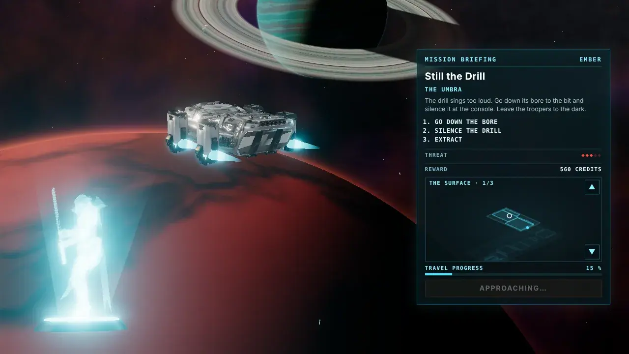 The travel screen as built: a ringed planet, the briefing and the hologram.