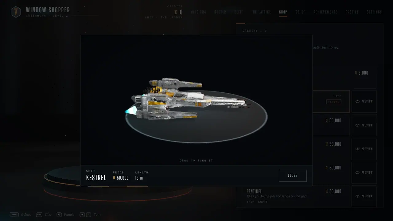 A ship preview: the Kestrel on a turntable.