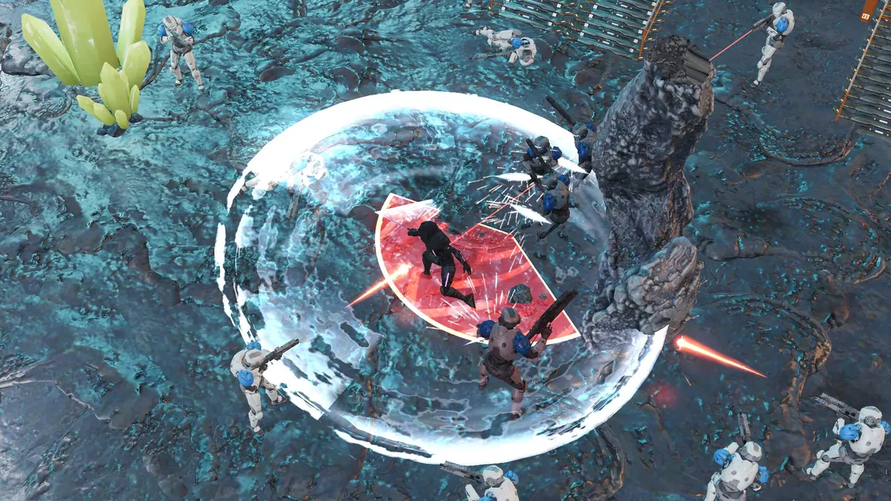 A fight in a cave, with a shield dome.
