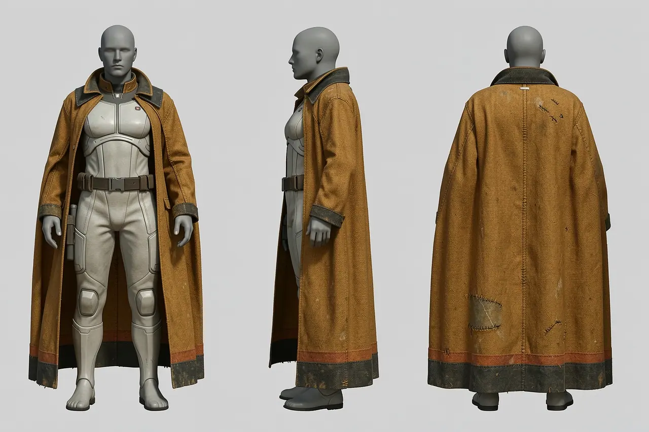 The FLUX look for the cape: turnarounds of a mannequin in an ochre coat.