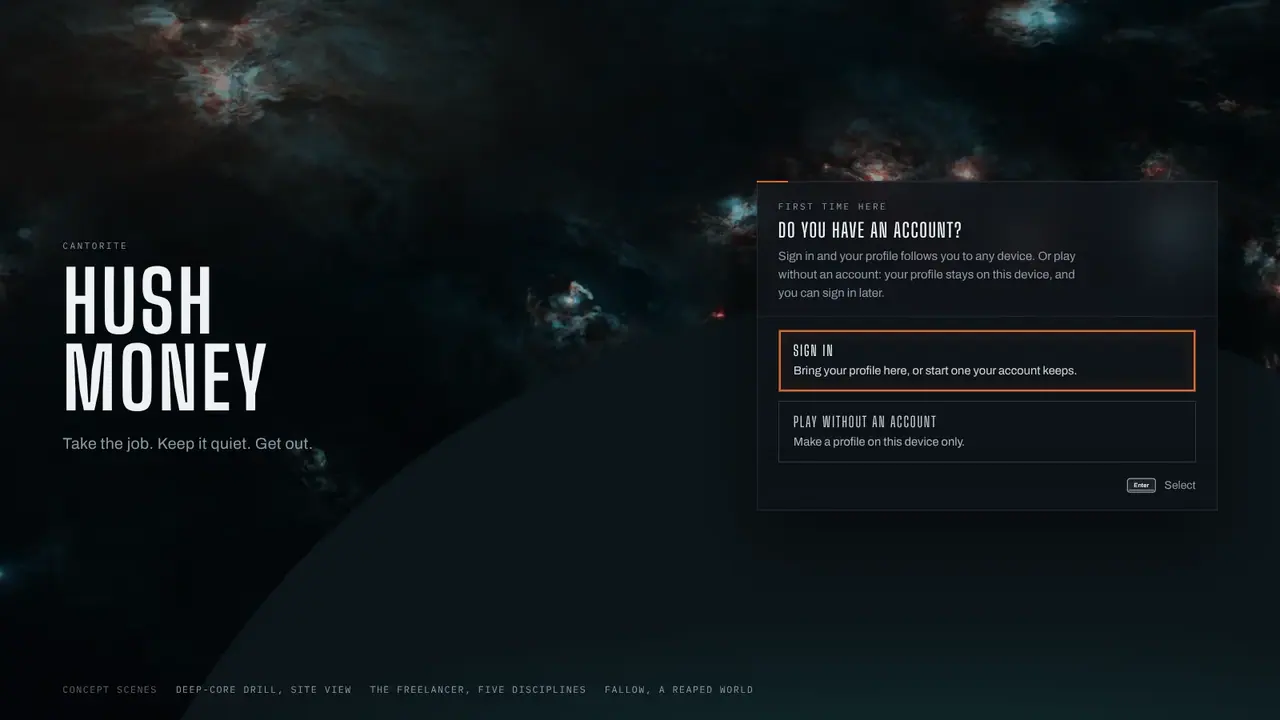 The title screen, with a sign-in prompt over the nebula.