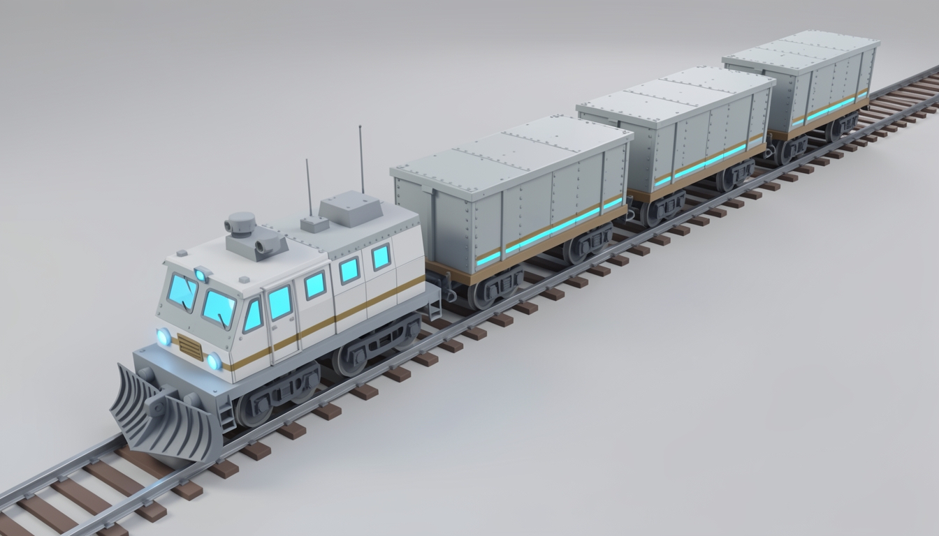 Directorate train on rails: pale steel, cyan strips and a brass stripe.