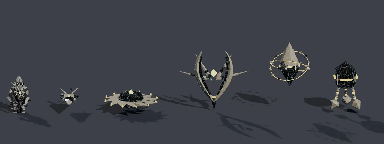 The Harrow constructs: smoked glass with gold cores.