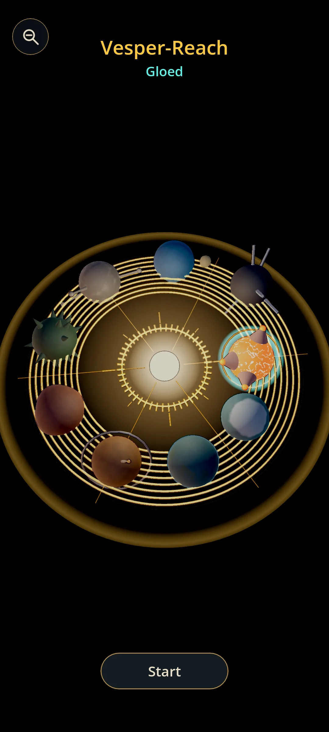 The Vesper Reach system as an orrery with brass rings.